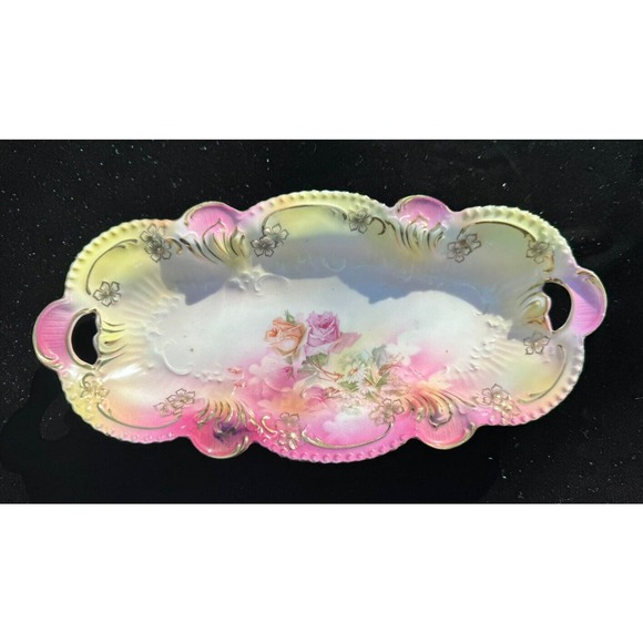 Beautiful Antique 1910 R.S. Prussia Handled & Molded Celery Dish Pink Roses -06